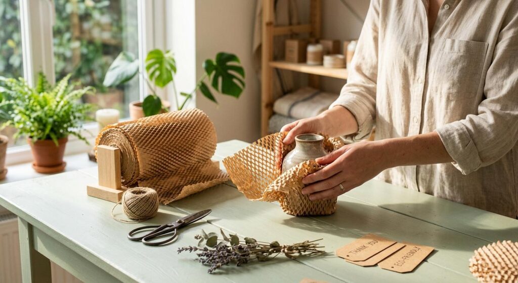Eco-friendly honeycomb kraft paper packaging being used to wrap fragile items, sustainable protective void fill solution