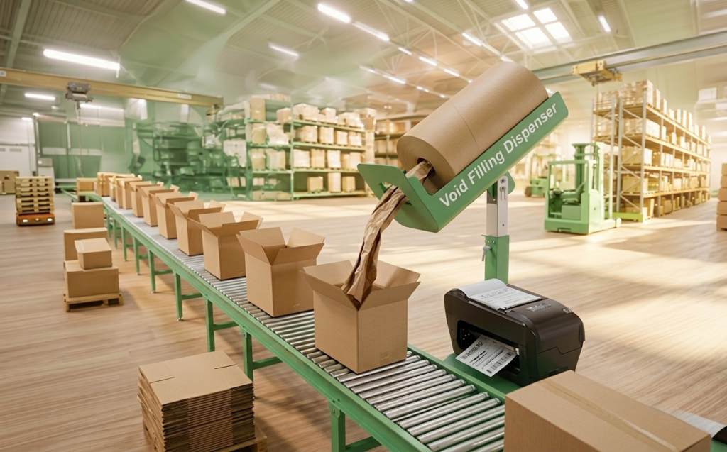 Eco-friendly kraft bubble paper cushioning material on a wooden worktable for sustainable shipping