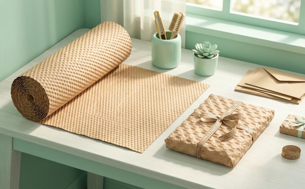 Eco-friendly kraft bubble paper cushioning material on a wooden worktable for sustainable shipping