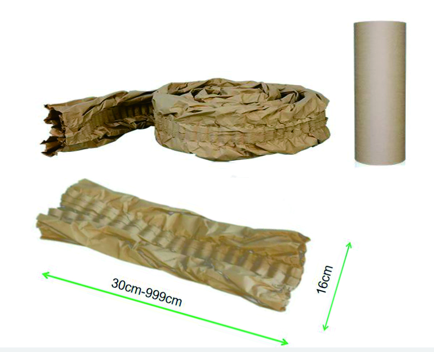 Kraft paper pad (paper cushion) in rolled and expanded forms, showing dimensions 30-99cm in length and 16cm in width