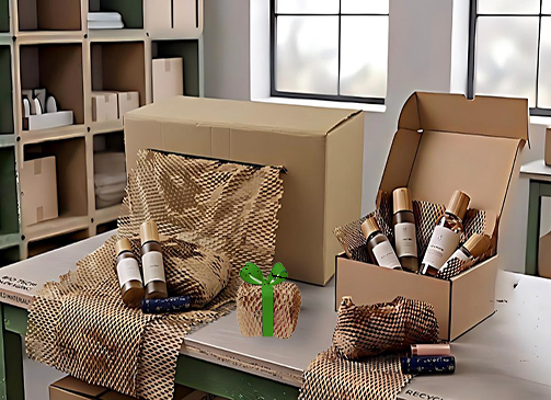 Convenient Honeycomb Paper Packaging for Bottles Eco-friendly honeycomb paper packaging for shipping bottles in a kraft box, sustainable protective wrap