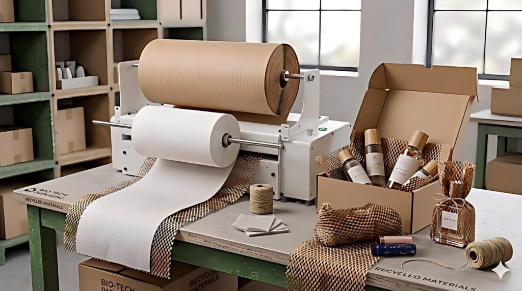 Automatic Honeycomb Paper Forming Machine Automatic honeycomb paper forming machine with kraft paper rolls and finished protective packaging materials on the production line