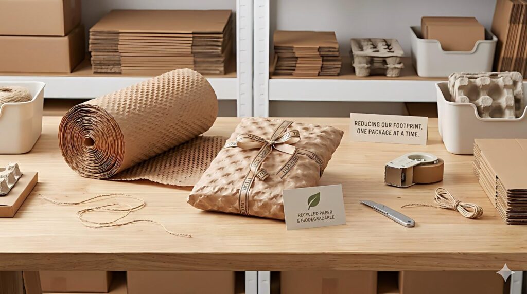 Brown bubble wrapping paper roll on a wooden worktable with eco-friendly packaging materials