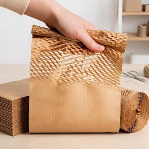 Hand holding eco-friendly honeycomb wrapping paper packaging bag