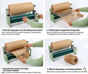 Step-by-step guide showing how to use a honeycomb paper dispenser for protective packaging