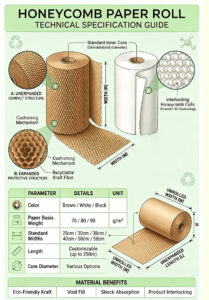 Honeycomb paper roll technical specification guide showing sizes, colors, GSM, and eco-friendly protective packaging features