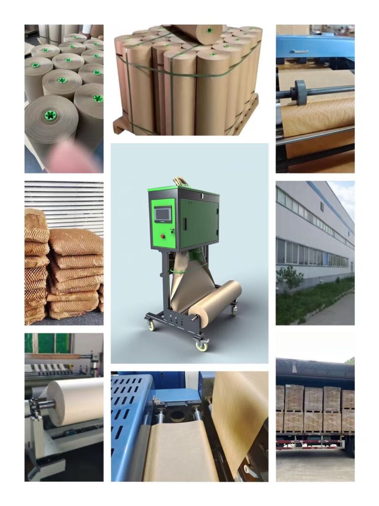 NEXUSPAC sustainable packaging solutions collage, showing production workshop, paper cushioning machines, kraft paper rolls and packaging products