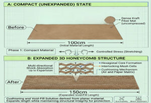 Honeycomb paper 150% stretch rate diagram showing flat unexpanded state vs expanded 3D cushioning structure