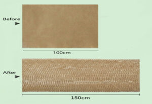 Before and after comparison showing honeycomb paper packaging stretched to 150% of its original length for cushioning protection