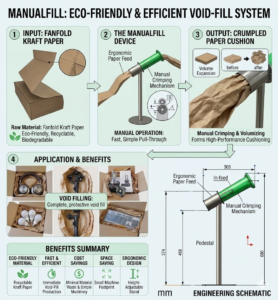 ManuFill manual kraft paper cushioning system introduction, showing its design, operation and eco-friendly packaging applications